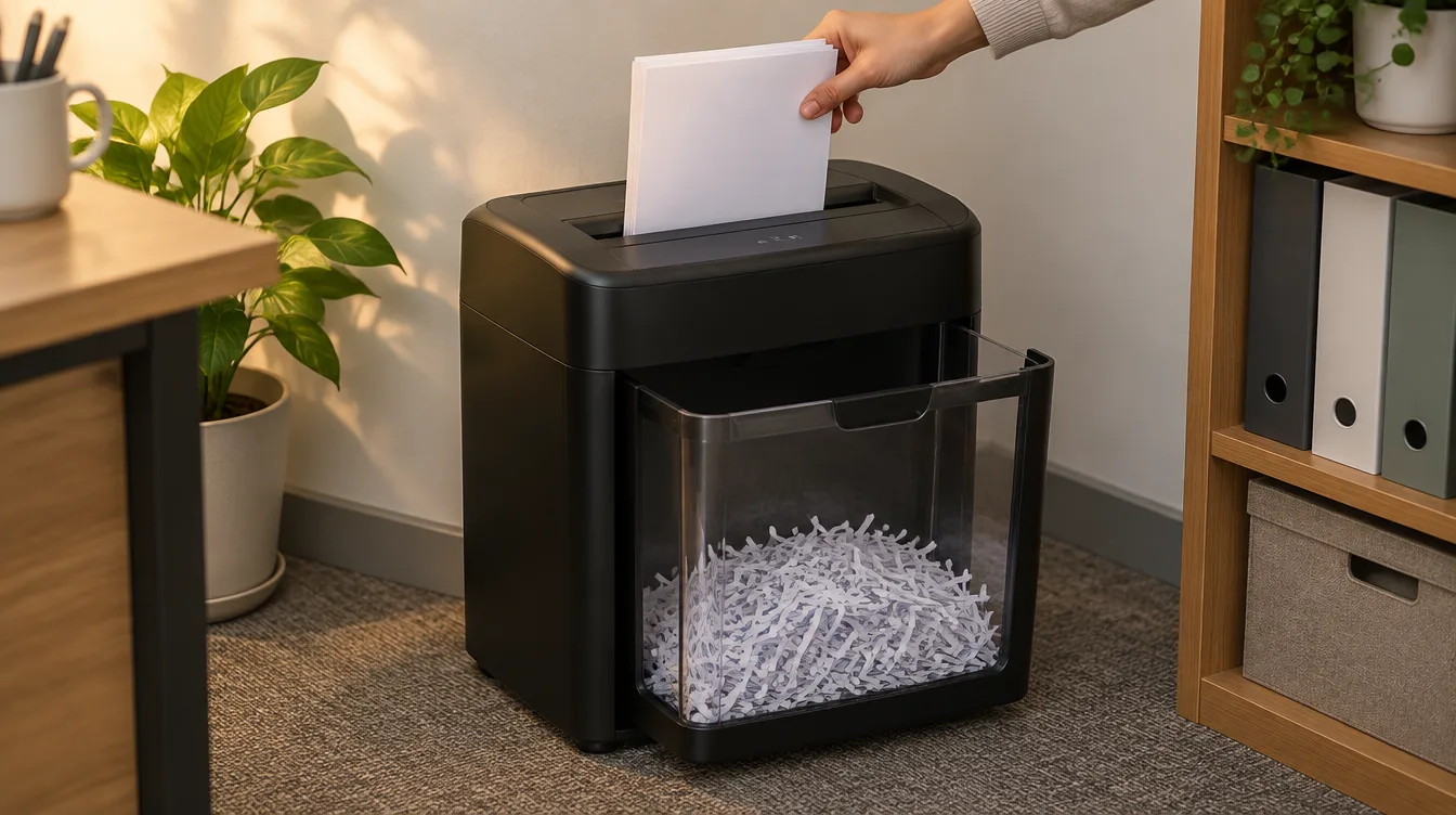 Schwarzer Aktenvernichter mit herausgezogenem Behälter voller Papierschnipsel, Symbolbild