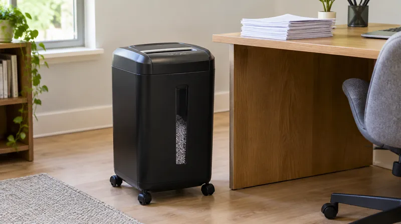 Schwarzer Aktenvernichter auf Rollen neben einem Holzschreibtisch im Homeoffice, Symbolbild