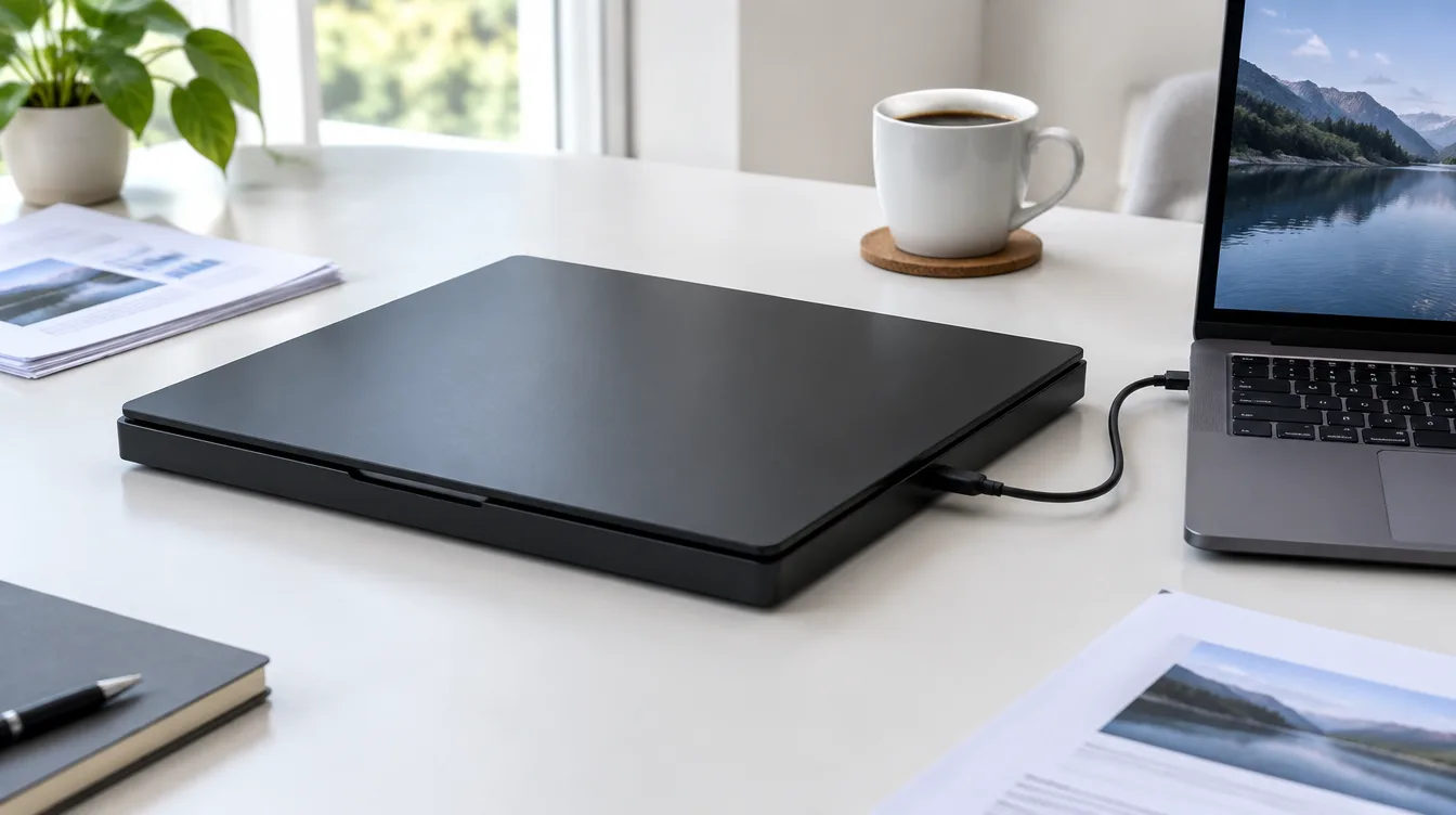 Sehr flacher schwarzer A4-Scanner mit USB-C-Kabel neben einem Laptop auf einem hellen Schreibtisch, Symbolbild