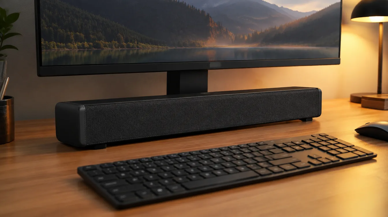 Schwarze schmale Soundbar unter einem Monitor auf einem Schreibtisch mit Tastatur, Symbolbild