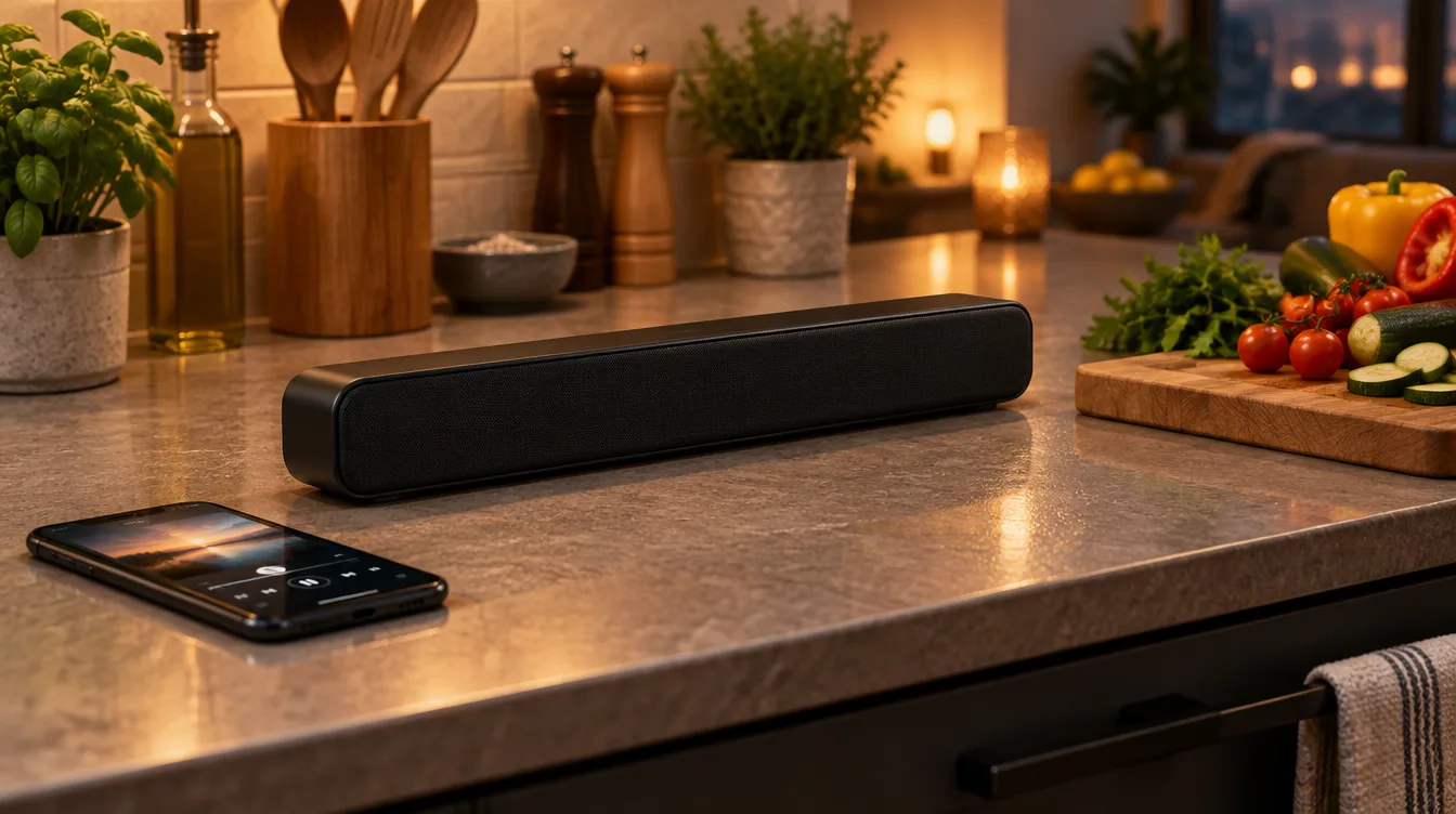 Schwarze Soundbar auf einer Küchenarbeitsplatte neben Smartphone und Gemüse, Symbolbild