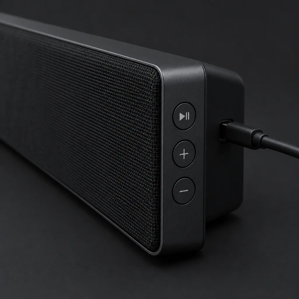 Seitenansicht einer schwarzen Soundbar mit Bedientasten und USB-C-Kabel, Symbolbild