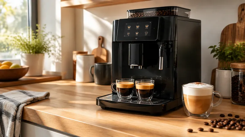 Schwarzer Kaffeevollautomat auf einer Holzarbeitsplatte mit Espresso und Cappuccino im Morgenlicht