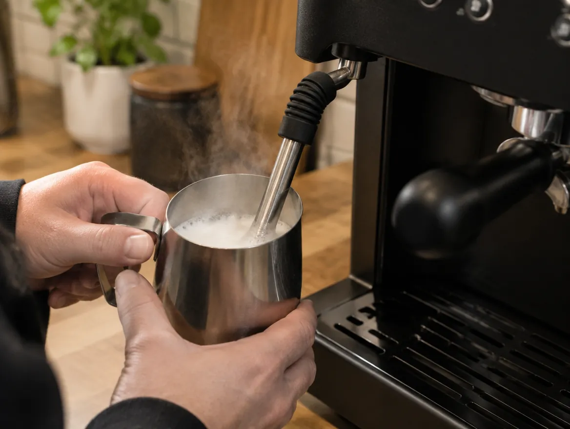 Milch wird mit der Dampfdüse eines Espressoautomaten in einem Kännchen aufgeschäumt