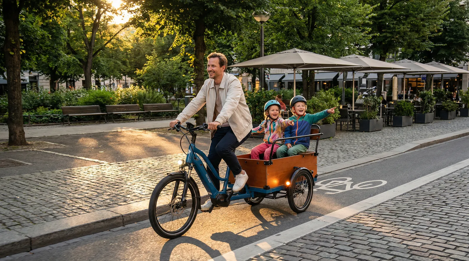 Vater fährt mit zwei Kindern auf dem Lastenrad durch die Stadt