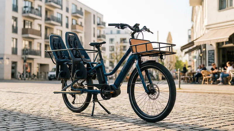 Blaues Longtail-Lastenrad mit zwei Kindersitzen in einer Altstadtstraße