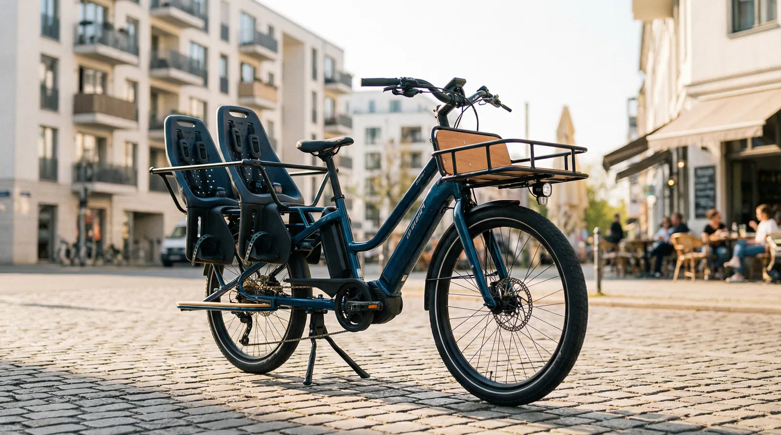 Blaues Longtail-Lastenrad mit zwei Kindersitzen in einer Altstadtstraße