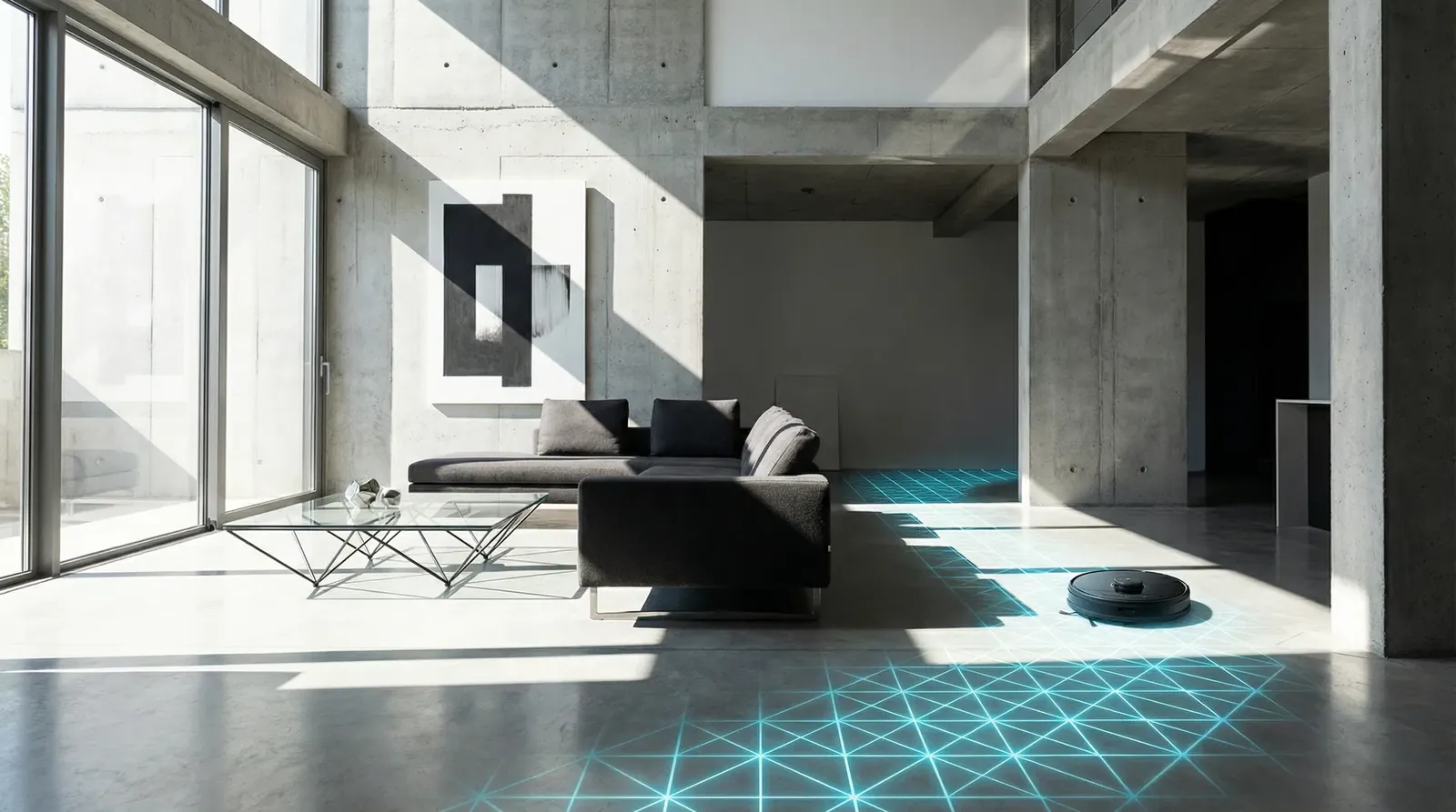 Saugroboter in einem hellen, modernen Wohnzimmer mit Betonboden
