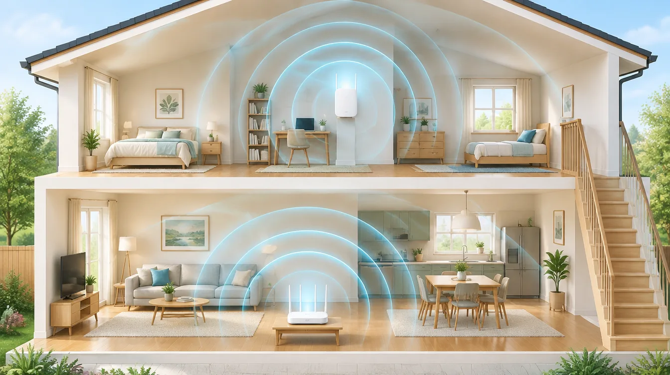 Querschnitt eines Hauses mit WLAN-Signal von Router und Repeater, Symbolbild