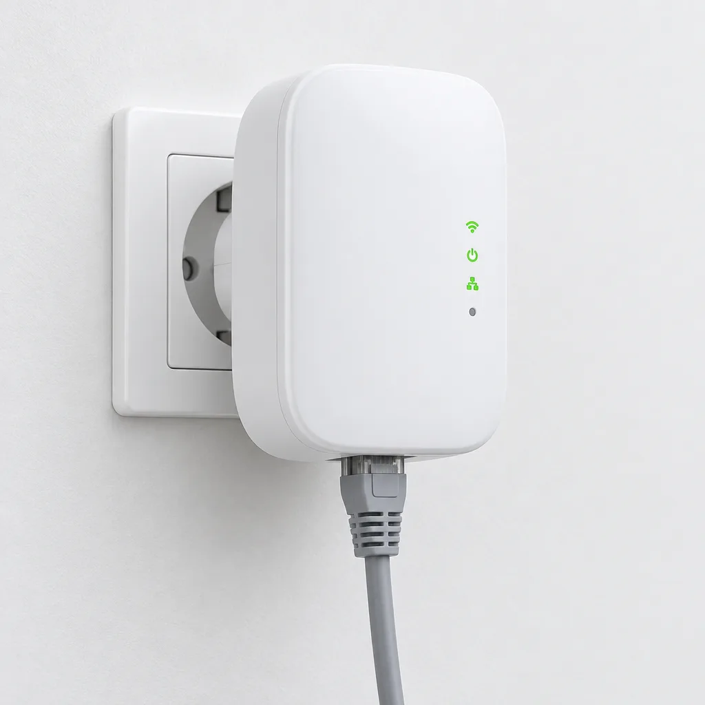 Weißer Repeater in der Steckdose mit angeschlossenem Netzwerkkabel, Symbolbild