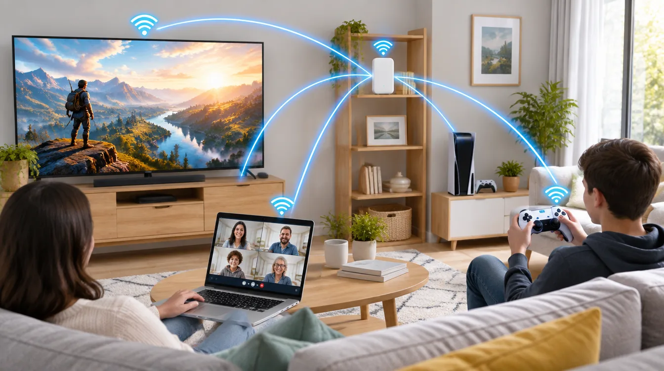 Wohnzimmer mit Fernseher, Laptop und Konsole, verbunden über WLAN-Signale, Symbolbild