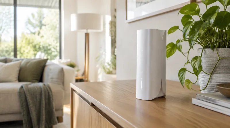 Weißer WLAN-Repeater auf einer Holzkommode in einem hellen Wohnzimmer, Symbolbild