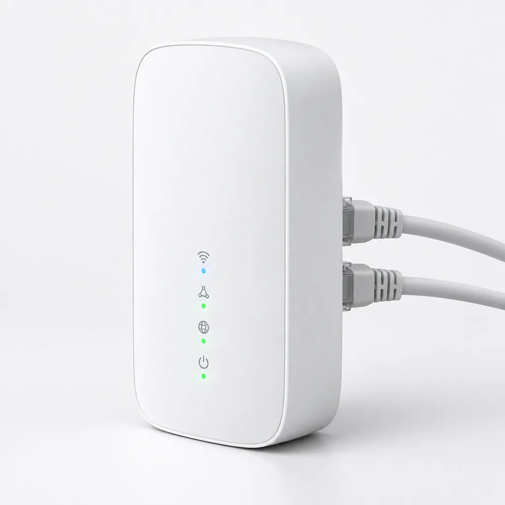 Weißer Repeater mit zwei angeschlossenen Netzwerkkabeln und Statusleuchten, Symbolbild