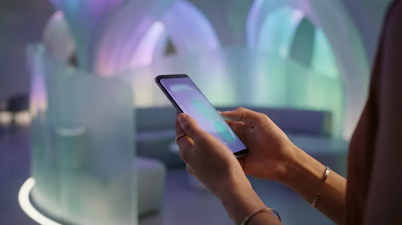 Hand hält ein Smartphone in einem hellen, modernen Raum