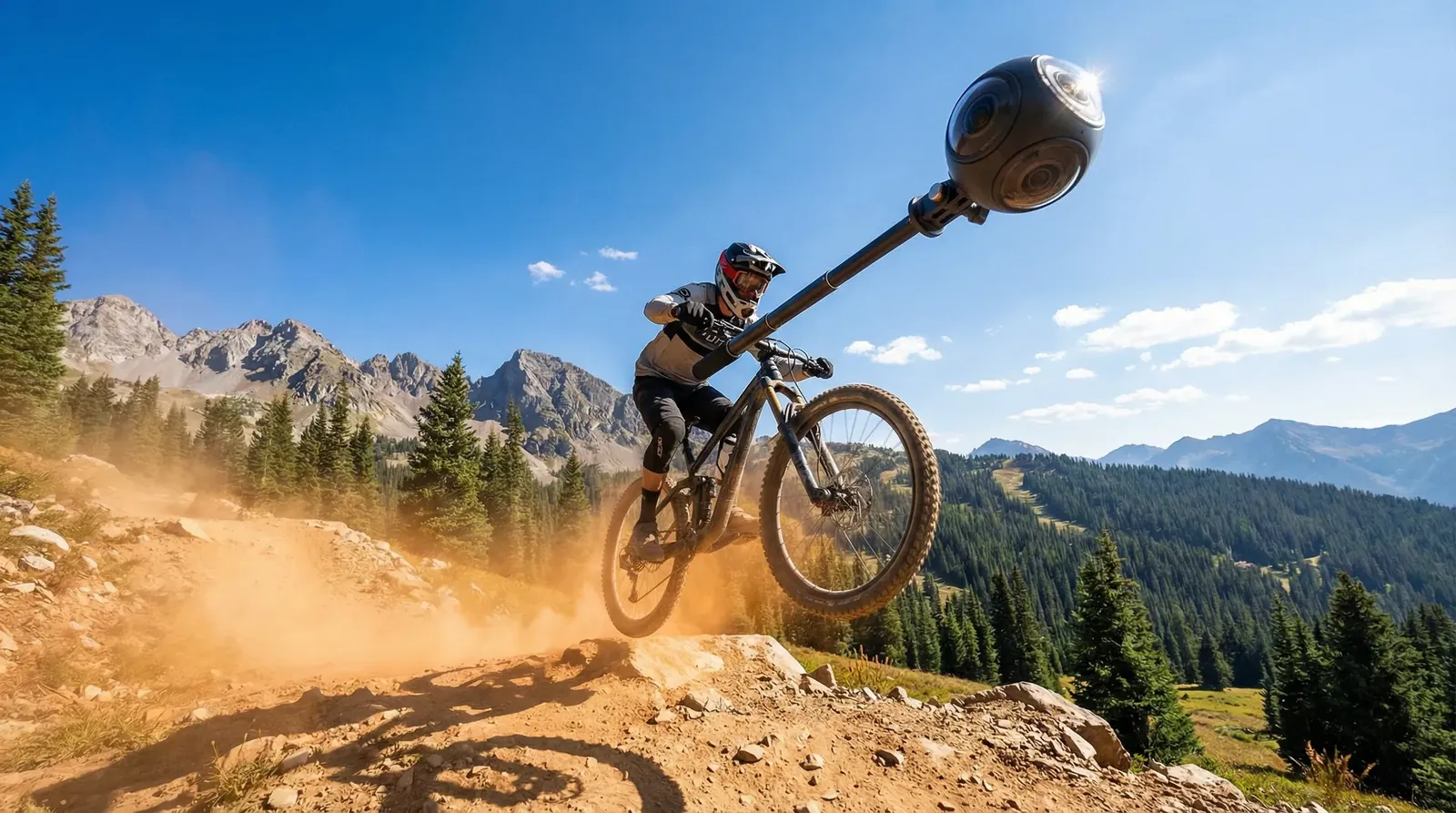 Mountainbiker springt, gefilmt mit 360-Grad-Kamera am Stick