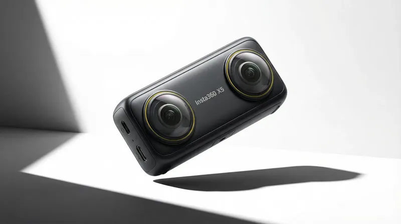Kompakte 360-Grad-Kamera mit zwei Linsen auf weißem Hintergrund