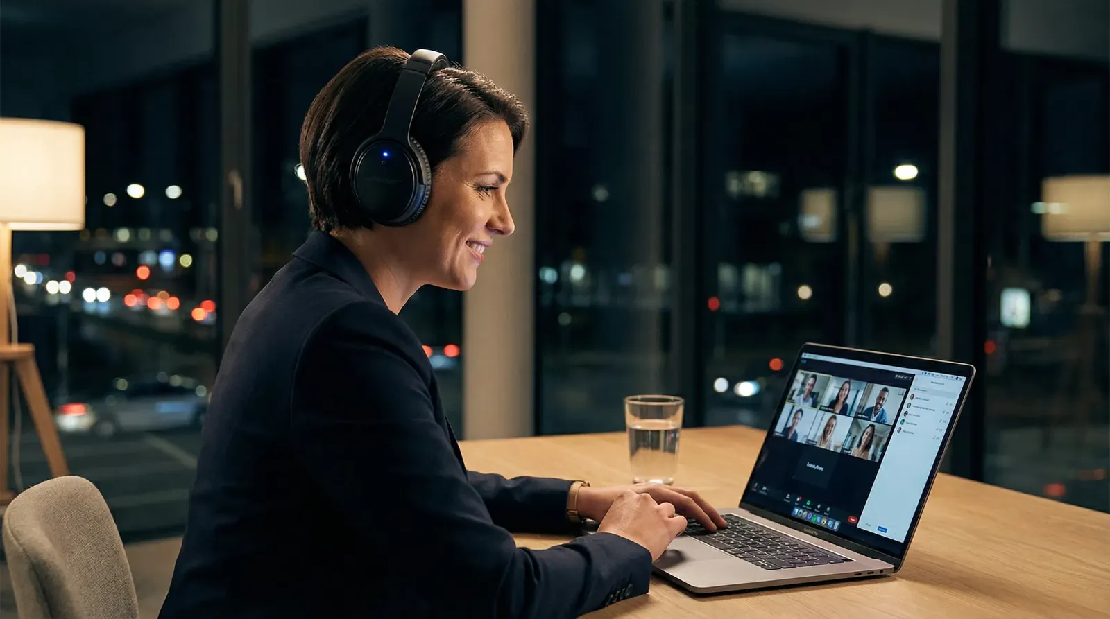 Frau mit Headset im Videocall am Laptop am Abend