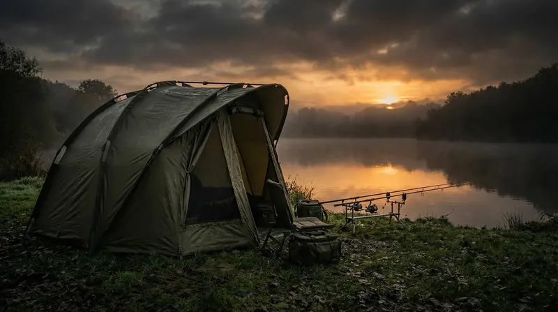 Olivgrünes Karpfenzelt am Seeufer bei Sonnenaufgang mit Angelruten