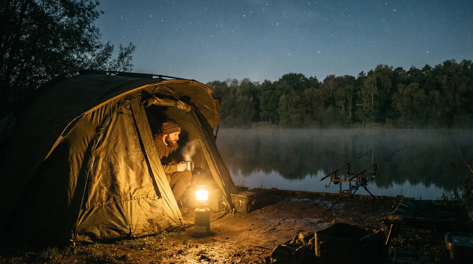 Angler sitzt nachts mit Laterne im offenen Karpfenzelt am See