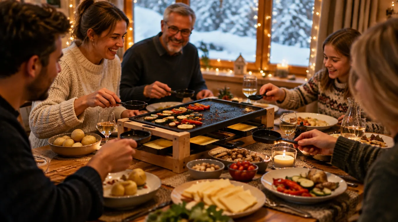 Freunde sitzen an einem Winterabend um einen Tisch mit einem Raclette in der Mitte und greifen nach den Pfännchen, Symbolbild
