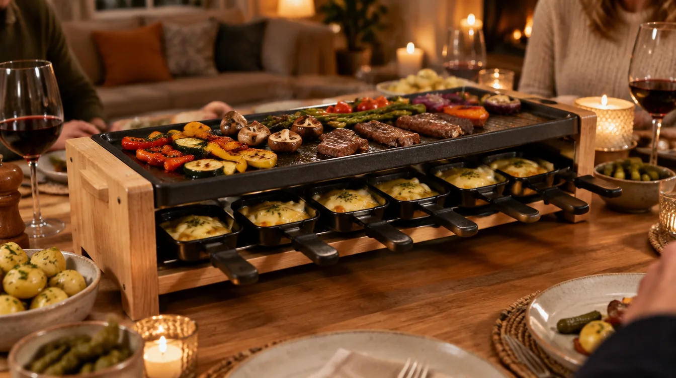 Raclette mit hellem Holzgestell und schwarzer Grillplatte mit Gemüse und Fleisch auf einem gedeckten Esstisch am Abend, Symbolbild