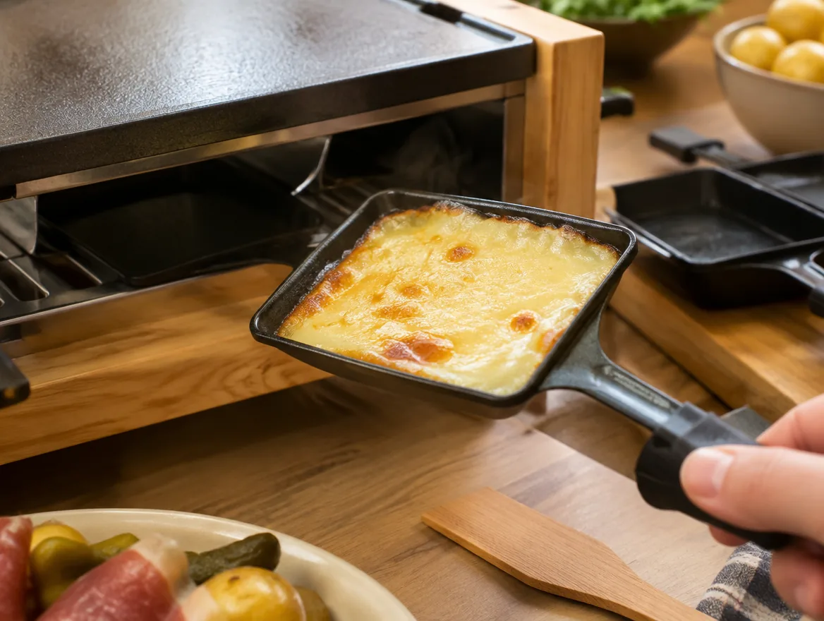 Raclette-Pfännchen mit geschmolzenem Käse wird aus einem Raclette mit Holzgestell gezogen, daneben ein Holzschaber, Symbolbild