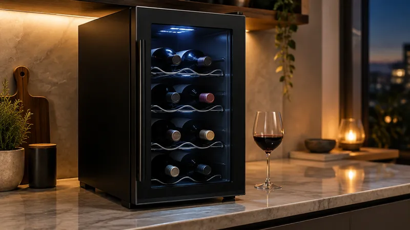 Kompakter schwarzer Weinkühlschrank mit Glastür und beleuchteten Weinflaschen auf einer Küchenarbeitsplatte am Abend, Symbolbild