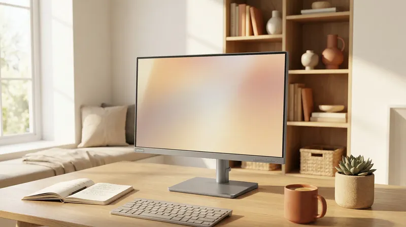 27-Zoll-Monitor auf einem Holzschreibtisch in einem hellen Arbeitszimmer