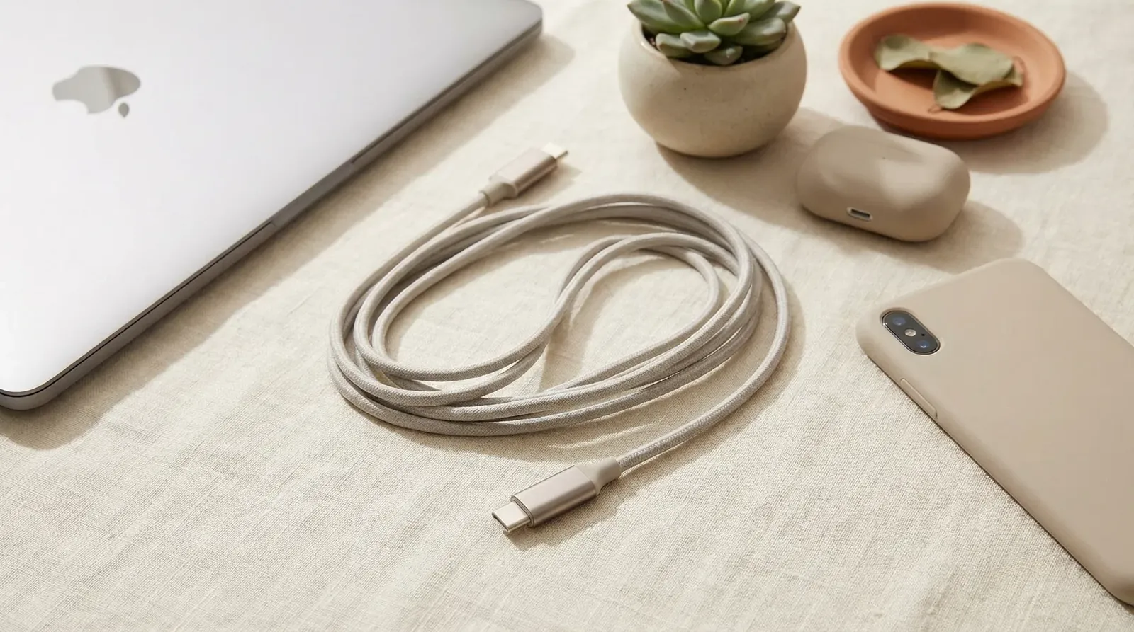USB-C-Kabel auf einem Leinentuch neben Notebook und Smartphone