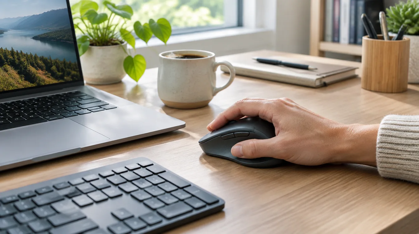 Hand auf einer grauen Maus an einem Schreibtisch mit Laptop, Tastatur und Kaffeetasse, Symbolbild