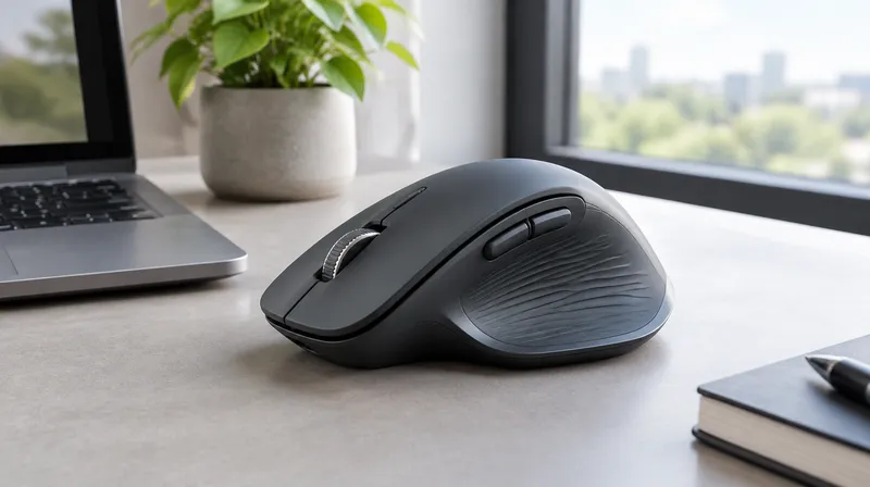 Graue ergonomische Funkmaus auf einem hellen Schreibtisch neben Laptop und Pflanze, Symbolbild