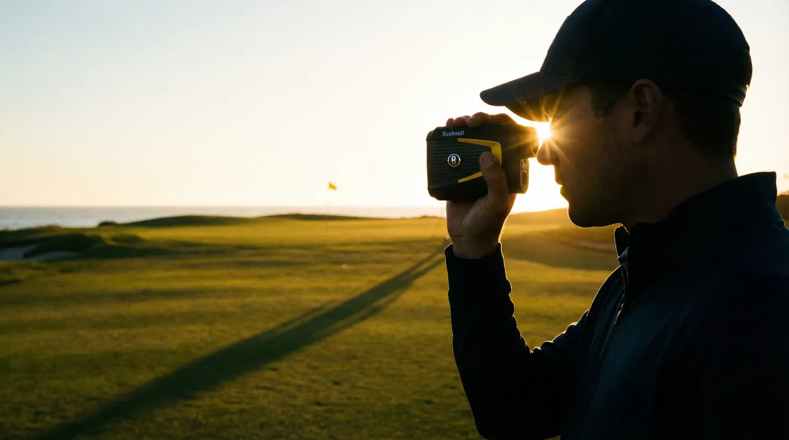 Golfer blickt bei Sonnenuntergang durch einen Entfernungsmesser