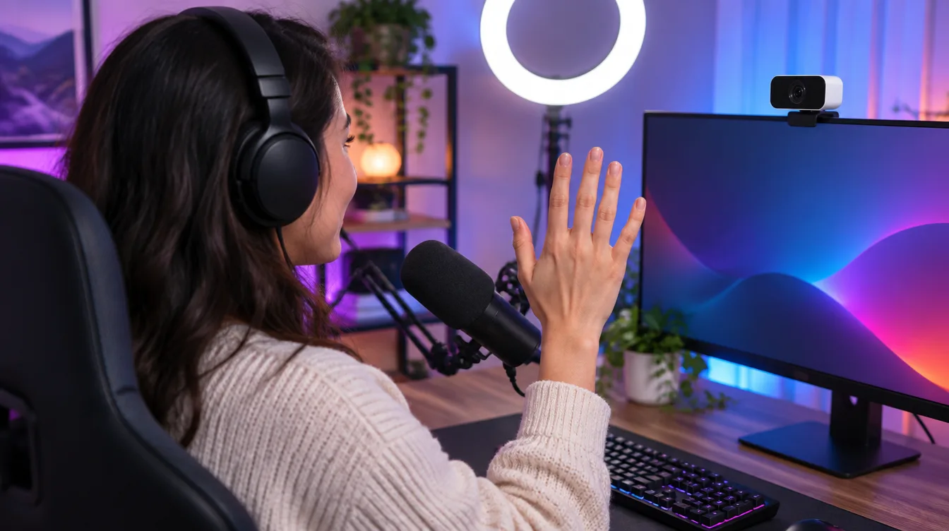 Frau mit Headset hebt die Hand zur Kamera an einem Streaming-Schreibtisch, Symbolbild