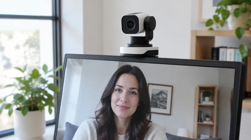 Kleine Gimbal-Webcam auf einem Monitor, darunter ein Videocall in einem hellen Büro, Symbolbild
