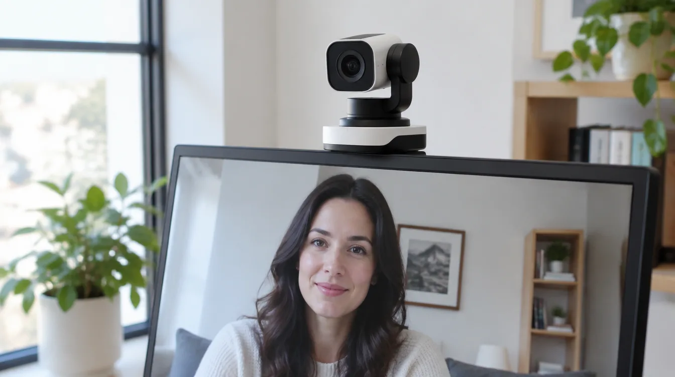 Kleine Gimbal-Webcam auf einem Monitor, darunter ein Videocall in einem hellen Büro, Symbolbild