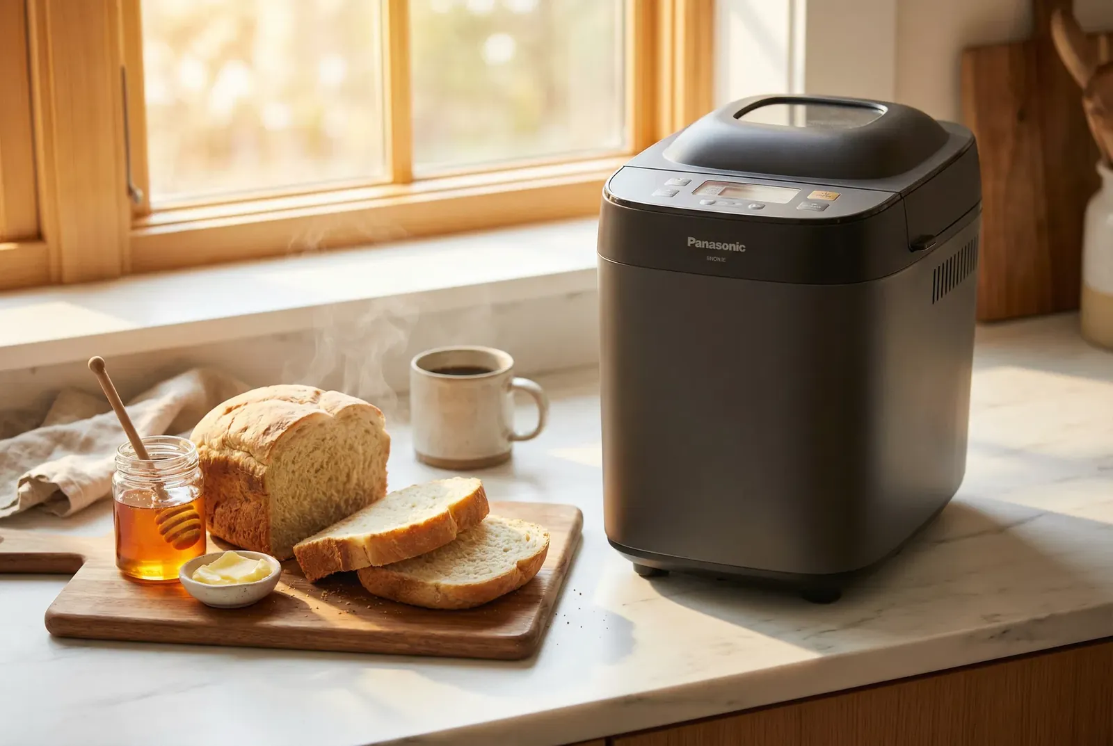 Brotbackautomat in einer hellen Küche mit Frühstücksbrot und Honig
