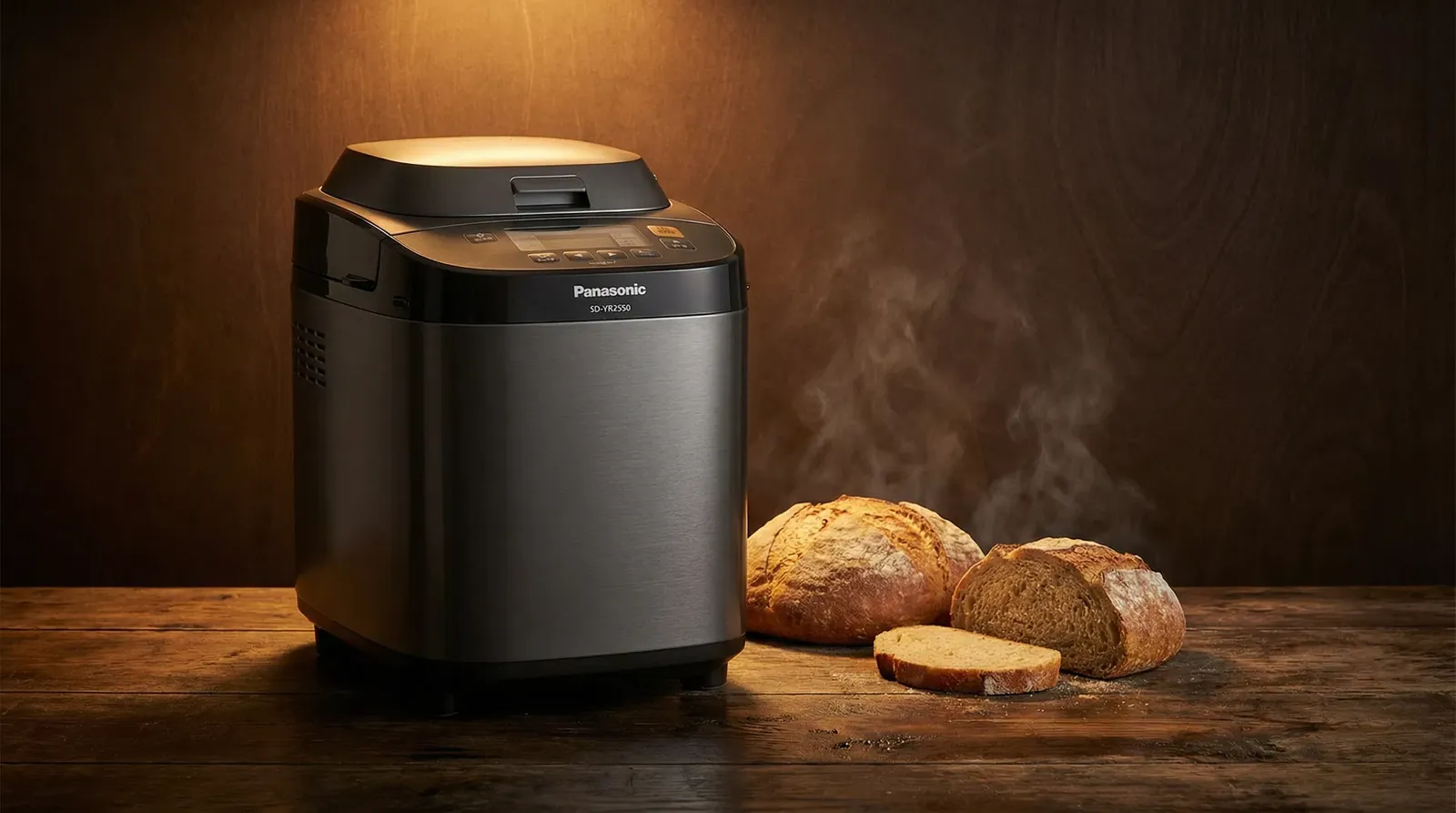 Brotbackautomat auf einem Holztisch neben frisch geschnittenem Brot