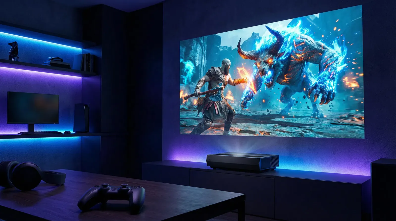 Beamer-Projektion eines Spiels in einem Gaming-Zimmer mit LED-Licht
