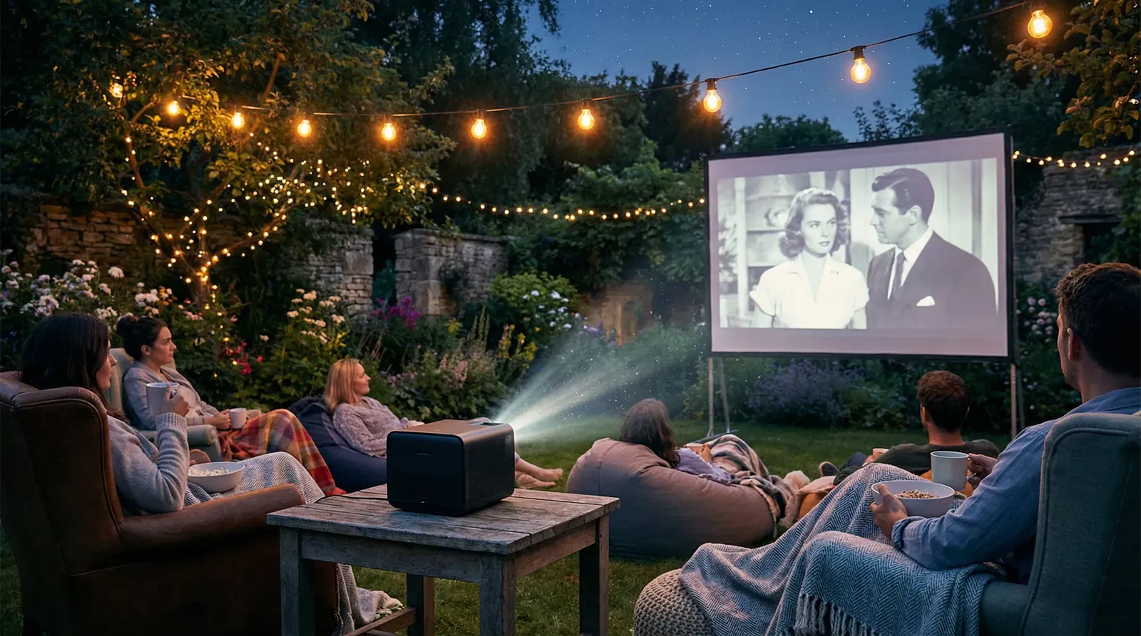 Freunde schauen im Garten unter Lichterketten einen Film auf einer Leinwand
