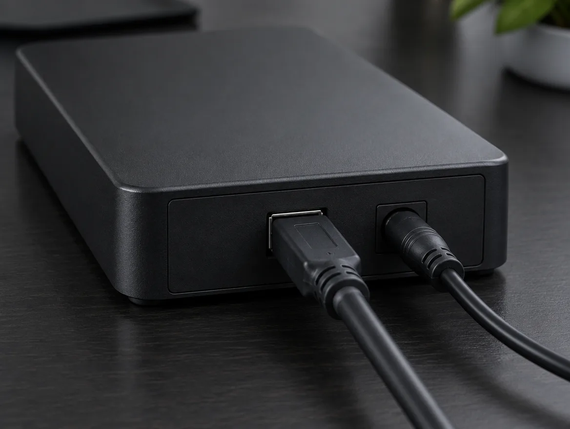 Nahaufnahme der Rückseite einer schwarzen externen Festplatte mit USB-Kabel und Netzteilkabel, Symbolbild