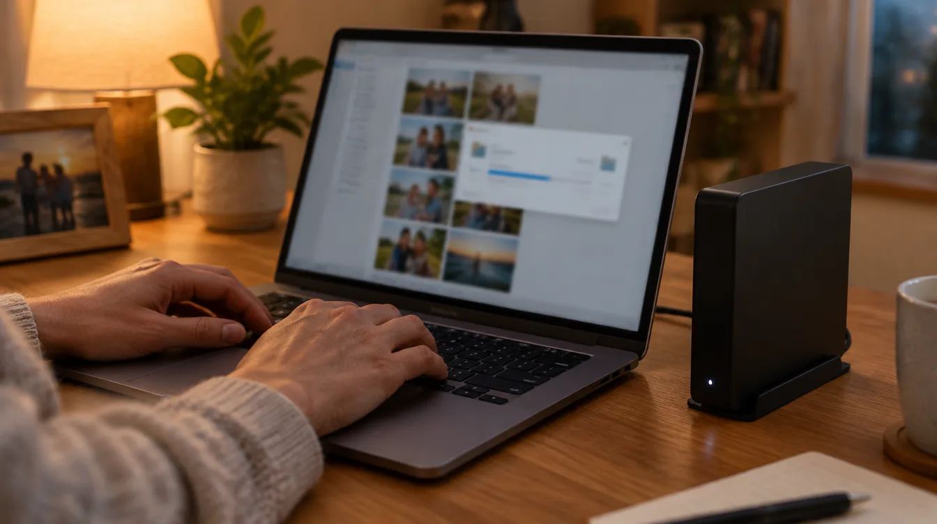 Hände am Laptop, während Familienfotos auf eine danebenstehende externe Festplatte kopiert werden, Symbolbild