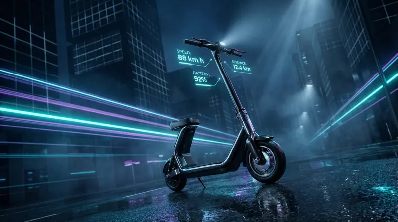 E-Scooter in einer nächtlichen Stadt mit Lichtspuren