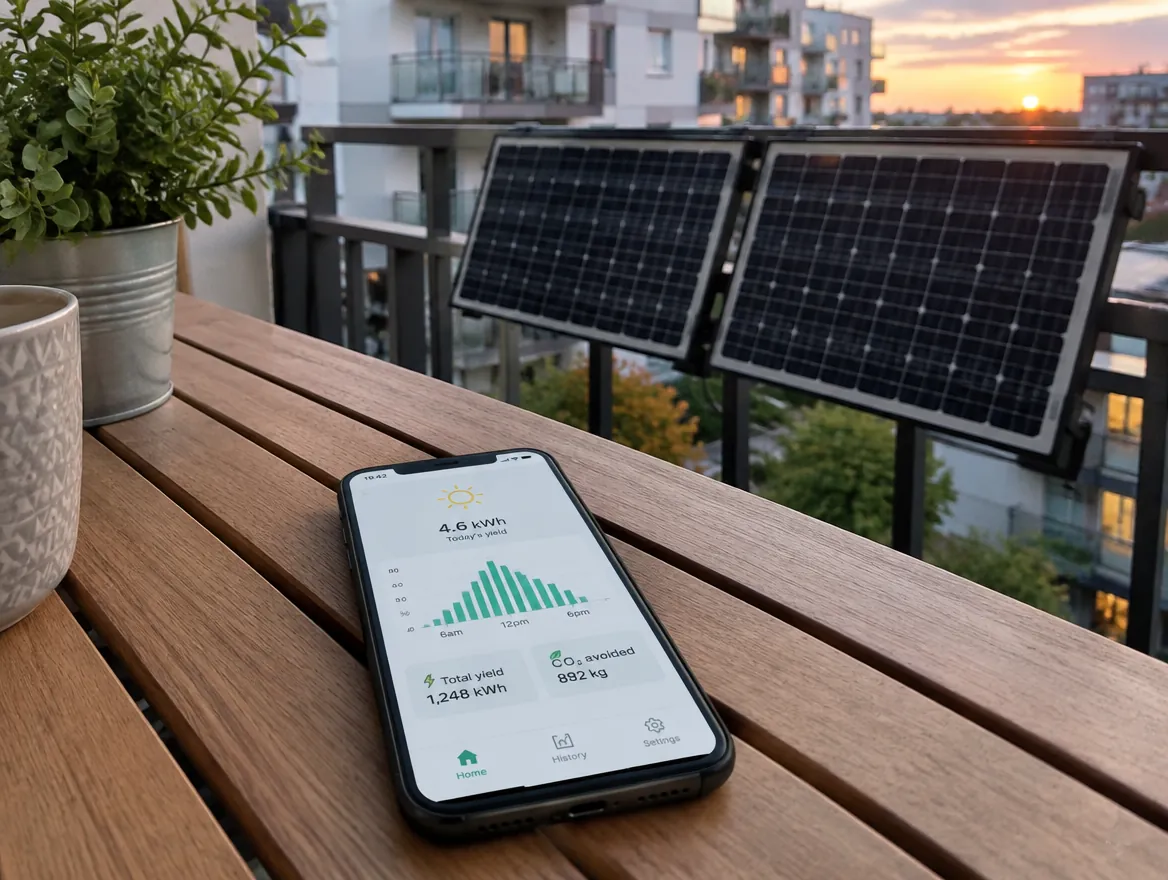 Smartphone mit Solar-App auf einem Balkontisch, im Hintergrund Solarmodule am Geländer