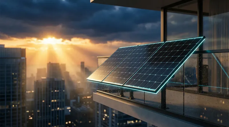 Zwei Solarmodule an einem Balkongeländer vor einer Stadtkulisse bei Sonnenuntergang
